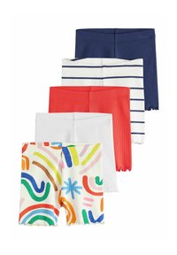 Cinq paires de shorts en maille côtelée pour tout-petits, en bleu marine uni, blanc avec rayures bleu marine, rouge uni, blanc uni et motif abstrait multicolore.