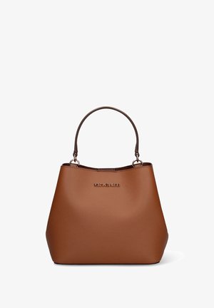 Bruine leren handtas met een enkele bovenste handgreep en het Michael Kors-logo in gouden letters aan de voorkant.