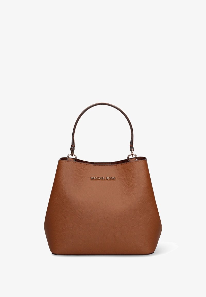 Bruine leren handtas met een enkele bovenste handgreep en het Michael Kors-logo in gouden letters aan de voorkant.