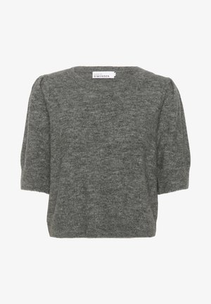 Szürke rövidujjú pulóver kerek nyakkal, enyhén bő fazonnal és puha textúrával. A nyakrészen lévő címke felirata: "KAREN BY SIMONSEN."