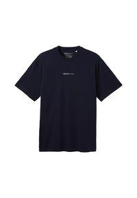 T-shirt blu navy a maniche corte realizzato in tessuto testurizzato, con un logo bianco sul petto e un collo rotondo.