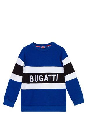 Sudadera azul con rayas en blanco y negro que presenta el logotipo "BUGATTI". Fabricada con material suave, tiene un cuello redondo y mangas largas.