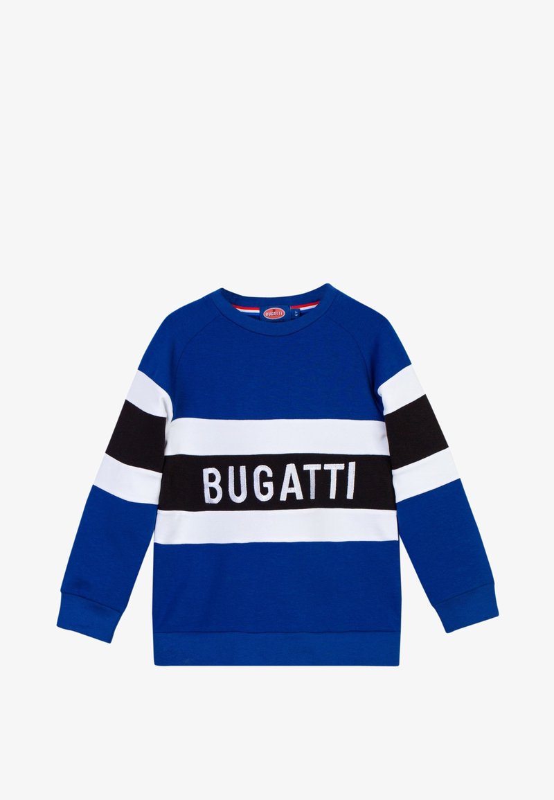 Sweat-shirt bleu avec des rayures noires et blanches portant le logo "BUGATTI". Fabriqué en matériau doux, il a un col rond et des manches longues.