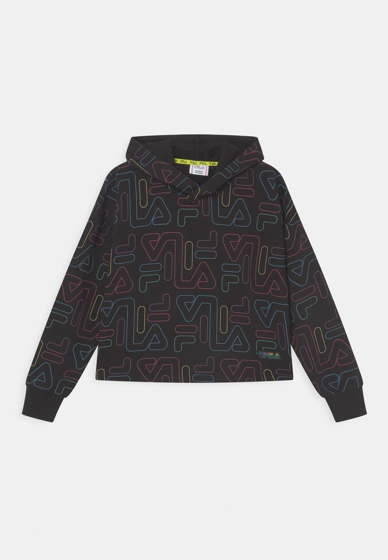 Sweat à capuche court noir avec logos Fila multicolores en motif répétitif. Confectionné en matière douce avec une capuche à cordon de serrage et des poignets côtelés.