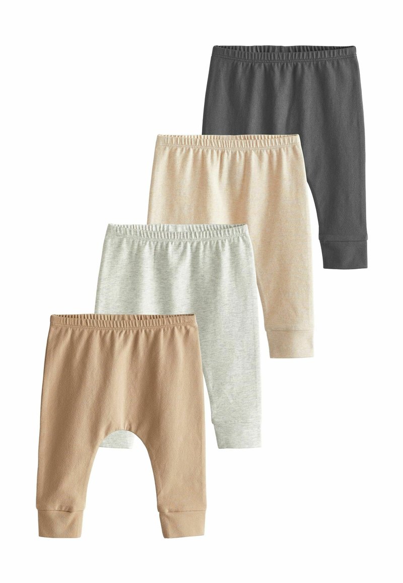 Set di quattro paia di pantaloni per neonati nei colori beige chiaro, beige, grigio chiaro e grigio scuro. Tessuto in cotone con fascia elastica in vita e polsini elasticizzati.