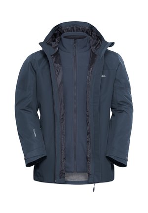 Marineblauer wasserdichter Jacke mit einer abnehmbaren inneren Fleece-Schicht, hohem Kragen, Reißverschluss, verstellbaren Manschetten und einem Logo auf der Schulter.