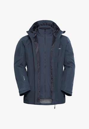 Giacca impermeabile blu navy con un interno in fleece rimovibile, collo alto, chiusura con zip, polsini regolabili e logo sulla spalla.