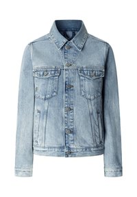 Ανοιχτό μπλε denim μπουφάν με μακριά μανίκια, κουμπιά μπροστά, δύο τσέπες στο στήθος με καπάκια και πλαϊνές τσέπες με σχισμές.
