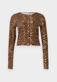 Kardigan z krótkim rękawem w leoparda, w kolorach brązowym i czarnym, z zapięciem na guziki i falbaniastym wykończeniem. Miękka tekstura materiału.