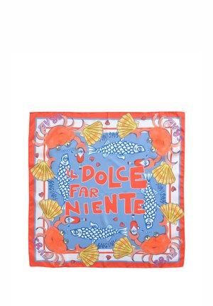 Square scarf with blue fish, orange crabs, yellow seashells, hot sauce bottles, and "Il Dolce Far Niente" text on blue and red background.