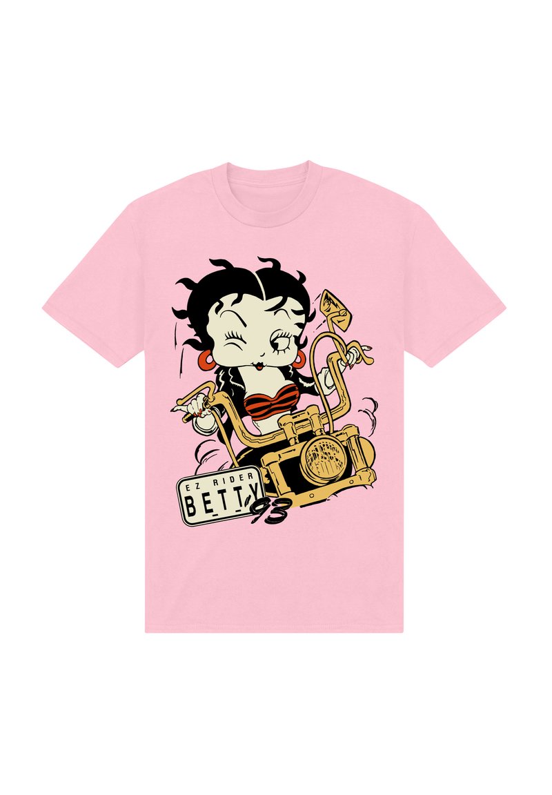 Rosa bomull T-shirt med en tecknad grafik av en karaktär med svart hår som håller en vintage motorcykel med en registreringsskylt som står "EZ Rider BETTY."