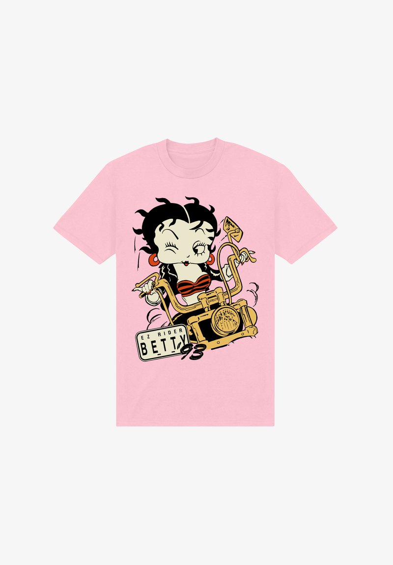 Roze katoen T-shirt met een cartoonafbeelding van een personage met zwart haar, dat een oude motorfiets vasthoudt met een kentekenplaat waarop "EZ Rider BETTY" staat.