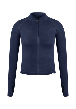 Marineblauwe zip-up jack gemaakt van gestructureerd gebreid materiaal met lange mouwen, geribde kraag en duimgaten bij de manchetten.