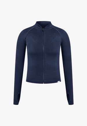 Giacca blu navy con zip realizzata in morbido materiale a maglia testurizzata, con maniche lunghe, colletto a coste e aperture per i pollici nei polsini.