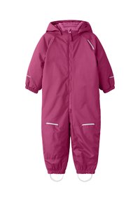 Pink insulated snowsuit with a front zipper, attached hood, elastic cuffs, and reflective accents on the shoulders and legs.
