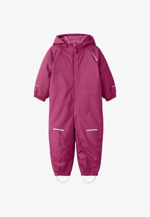 Pink insulated snowsuit with a front zipper, attached hood, elastic cuffs, and reflective accents on the shoulders and legs.