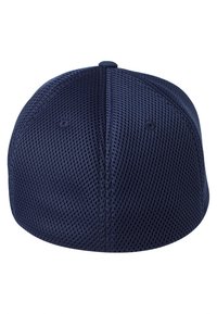 Navy blue baseball cap made of mesh fabric, featuring a rounded crown, ventilation holes, and a stitched seam running down the back.