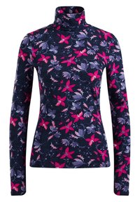 Mörk blommig tröja med lång ärm och polokrage, prydd med klara rosa och lila blommor och blad.