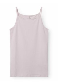 Débardeur lavande pâle avec de fines bretelles, fabriqué en tissu doux. Design simple avec une ligne droite et sans embellissements ni motifs.