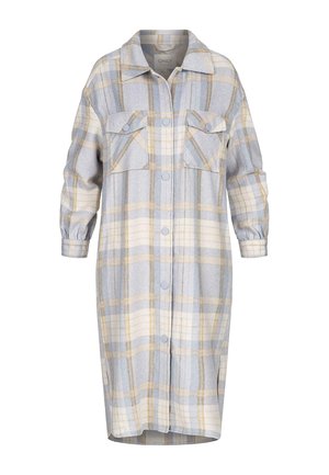 Long plaid shirt dress in light blue, white, and soft yellow. Features button closures, two chest pockets, and long sleeves with gathered cuffs.
