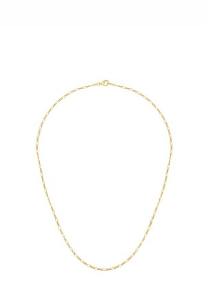 Delicate gold chain necklace with small oval links and a lobster clasp closure on a white background.