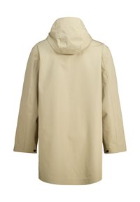 Beige long coat with a hood, made of smooth, waterproof material, featuring a straight cut and snap button accents at the cuffs.