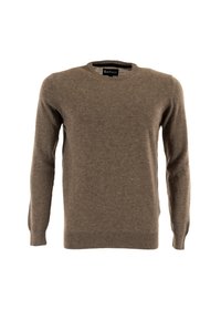 Bruine lange mouwen crewneck sweater met geribbelde manchetten en zoom, gemaakt door Barbour, gepresenteerd op een witte achtergrond.