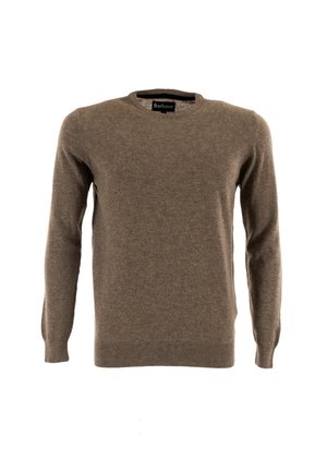 Bruine lange mouwen crewneck sweater met geribbelde manchetten en zoom, gemaakt door Barbour, gepresenteerd op een witte achtergrond.