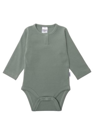 Long-sleeve, ribbed baby bodysuit in soft green, featuring a crew neck, front snap, and bottom snap closures for easy dressing.