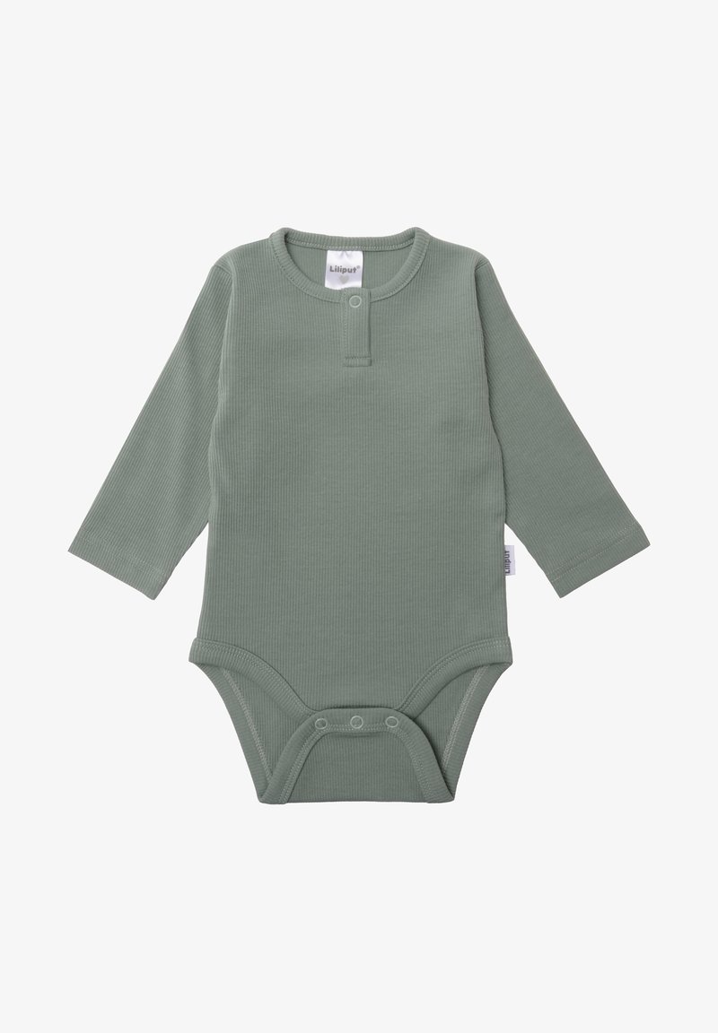 Langärmliger, gerippter Babybody in sanftem Grün, mit Rundhalsausschnitt, Druckknöpfen vorne und Druckknöpfen am Unterteil für ein einfaches Anziehen.