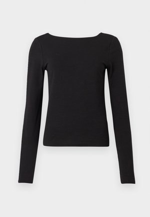 Maglietta nera con maniche lunghe e scollatura quadrata. Realizzata in un tessuto morbido e liscio, presenta un design aderente e dettagli di cucitura minimi.