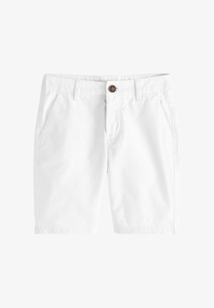 Hvide knælange shorts med knaplukning, bæltestropper og skrå frontlommer, vist på en almindelig hvid baggrund.