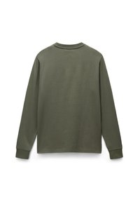 T-shirt a maniche lunghe in cotone verde oliva, con scollo rotondo, orlo diritto e polsini a coste. Tessuto semplice senza motivi.
