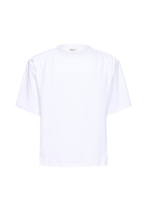 T-shirt blanc à manches courtes en coton doux, doté d'un col rond et d'un léger froncé aux épaules pour une texture supplémentaire.