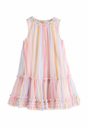 Vestido sin mangas a rayas en tonos pastel para niñas, con cuello y dobladillo fruncidos, presenta suaves líneas verticales en tonos rosa, azul, amarillo y beige.