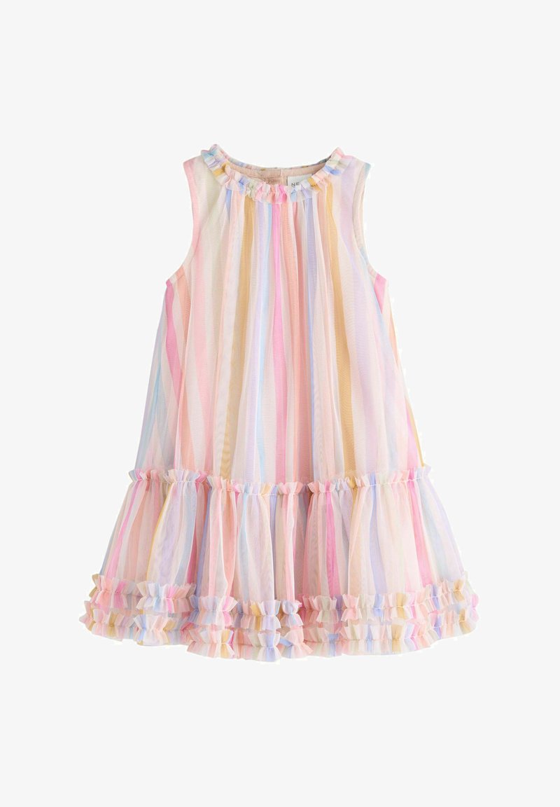 Dívčí bezrukávové pruhované šaty v pastelových barvách s volánovým límcem a lemem, zdobené jemnými vertikálními liniemi v růžových, modrých, žlutých a béžových tónech.