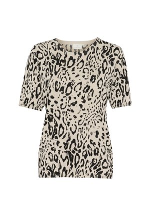 Beige T-shirt met korte mouwen, voorzien van een zwart luipaardprintpatroon, ronde halslijn en structuurstof voor een casual uitstraling.