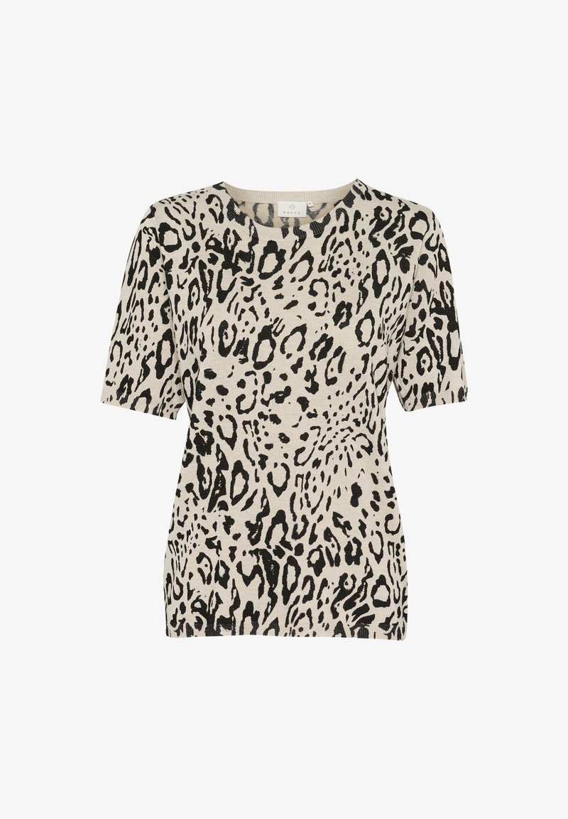 Top beige a maniche corte con motivo a macchie di leopardo nere, scollatura rotonda e tessuto testurizzato per un look casual.