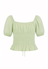 Blouse vert clair à manches courtes avec manches bouffantes, encolure carrée, tissu froncé, taille élastique et ourlet à volants avec cordon de serrage à l'avant.