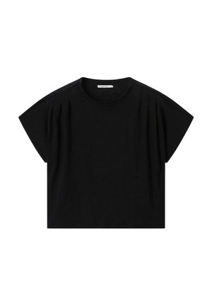 Blouse noire à manches courtes avec col rond et légers plis près des épaules, posée à plat sur un fond blanc.