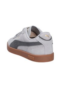 Grauer Wildledersneaker mit dunkelgrauen Akzenten, einer Gummisohle und goldener Markenkennzeichnung. Niedrigprofil-Design mit abgerundeter Zehenpartie und Schnürung vorne.