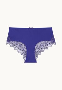 Sous-vêtements violets taille haute avec une bordure en dentelle festonnée ornée de motifs floraux, un panneau central lisse et un accent de nœud central.