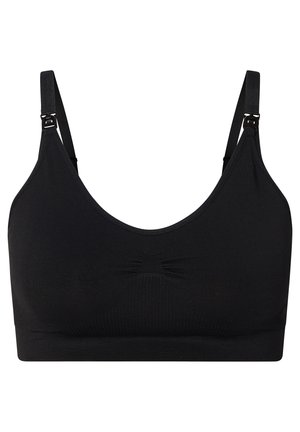 Soutien-gorge sans fil noir avec bretelles réglables, design sans coutures, texture lisse et motif subtil le long du panneau avant.