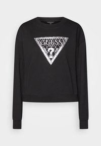 Sudadera negra corta con un gráfico triangular de logo plateado en el pecho, con puños y dobladillo acanalados. Tejido suave y texturizado.