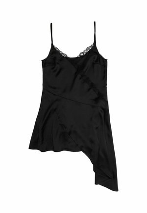 Schwarzes Satin-Camisole mit verstellbaren Spaghetti-Trägern, ausgestattet mit einem Spitzenbesatz und asymmetrischem Saum, der eine fließende Silhouette bietet.