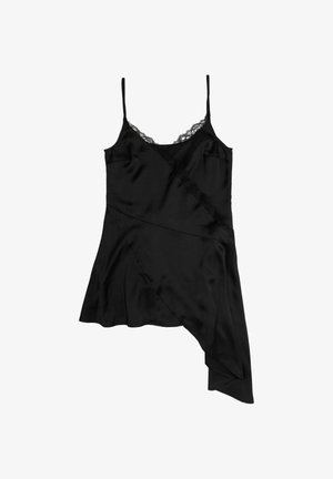 Schwarzes Satin-Camisole mit verstellbaren Spaghetti-Trägern, ausgestattet mit einem Spitzenbesatz und asymmetrischem Saum, der eine fließende Silhouette bietet.