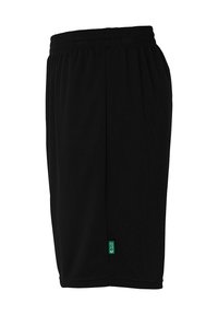 Zwarte sportshorts met elastische tailleband, een gladde textuur, knielange pasvorm en een klein groen logotag op de zoom.