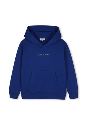 Sweat à capuche bleu avec poche avant et "MARC JACOBS" imprimé en blanc sur la poitrine, présenté sur fond blanc.