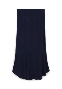 Gonna midi blu navy con vita alta, zip sul retro nascosta e dettaglio a orlo asimmetrico con volant.