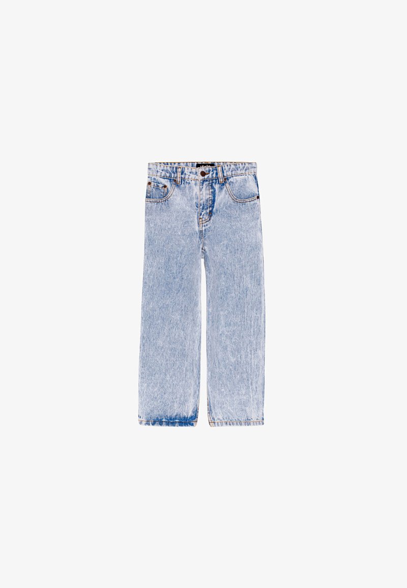 Jeans ampi in denim azzurro chiaro con vita alta, design a cinque tasche e cuciture visibili, dotati di chiusura con bottone e zip.